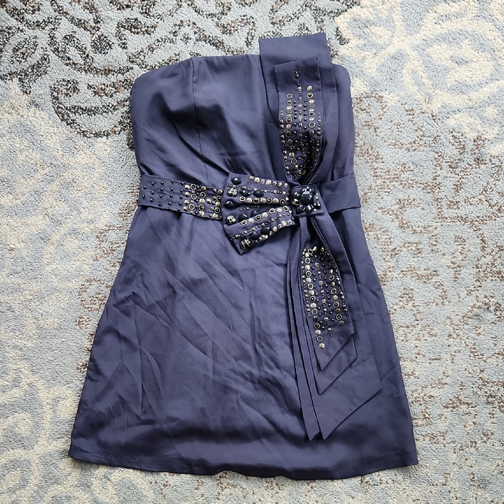 Lulumari Strapless Cocktail Mini Dress Oversized Bow Navy Small